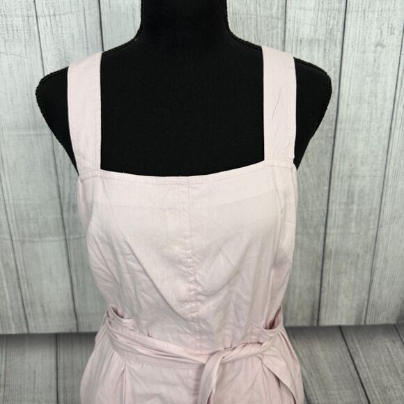 Vince Women's Size 10 Light Pink Belted Linen Blend Square Neck Midi Dress - Picture 3 of 10